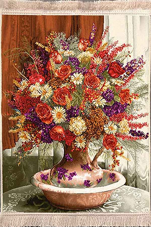 تابلوفرش ماشینی 1200 شانه طرح گلهای سفید صورتی (3 سایز)