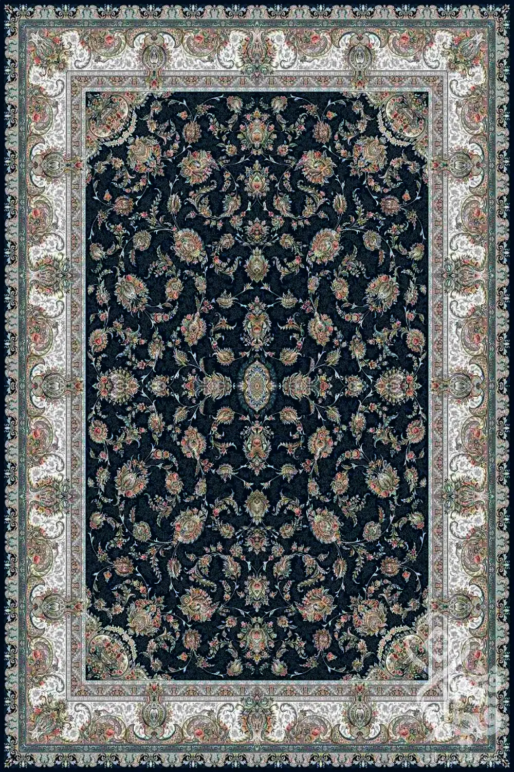 فرش قیطران 1200 شانه کلکسیون پارادایس طرح یوشا زمینه سورمه ای (برجسته)