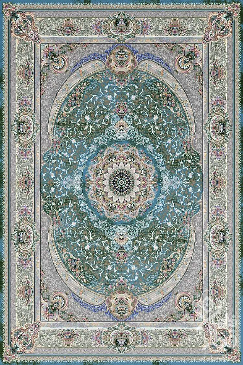 فرش قیطران 1200 شانه کلکسیون نوال طرح یاس زمینه فیروزه ای (برجسته)