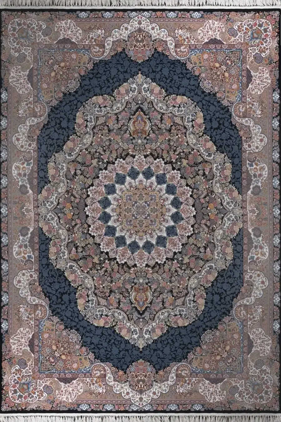 فرش بهشتی 1200 شانه کلکسیون تبریز کد 1141 زمینه سورمه ای (برجسته)
