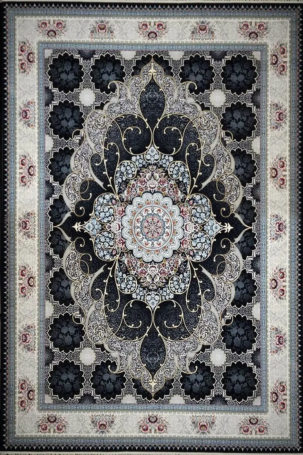 فرش کاشان 700 شانه طرح چکاوک زمینه سورمه ای (غیربرجسته)