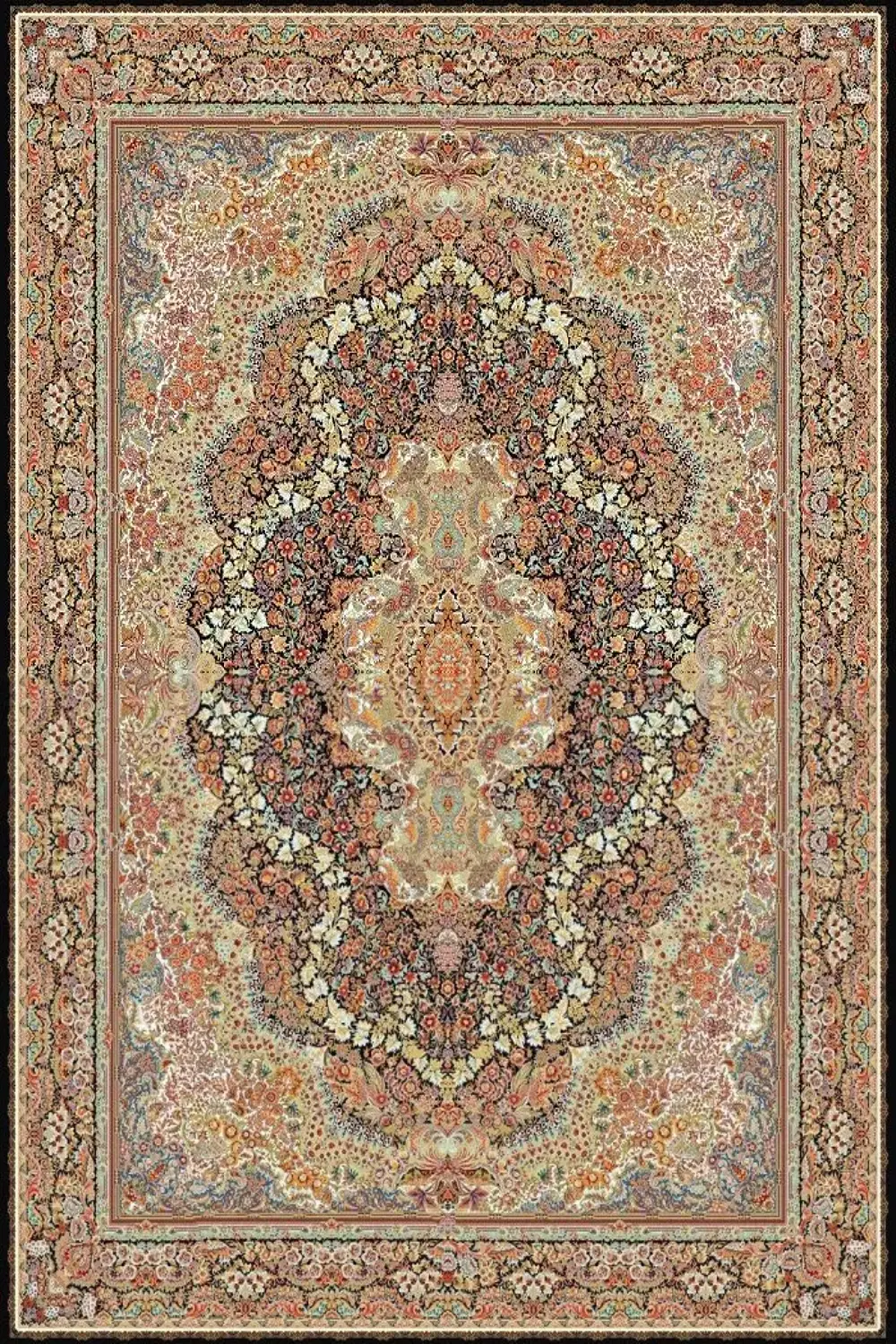 فرش کاشان 700 شانه طرح گلستان زمینه سورمه ای (غیربرجسته)