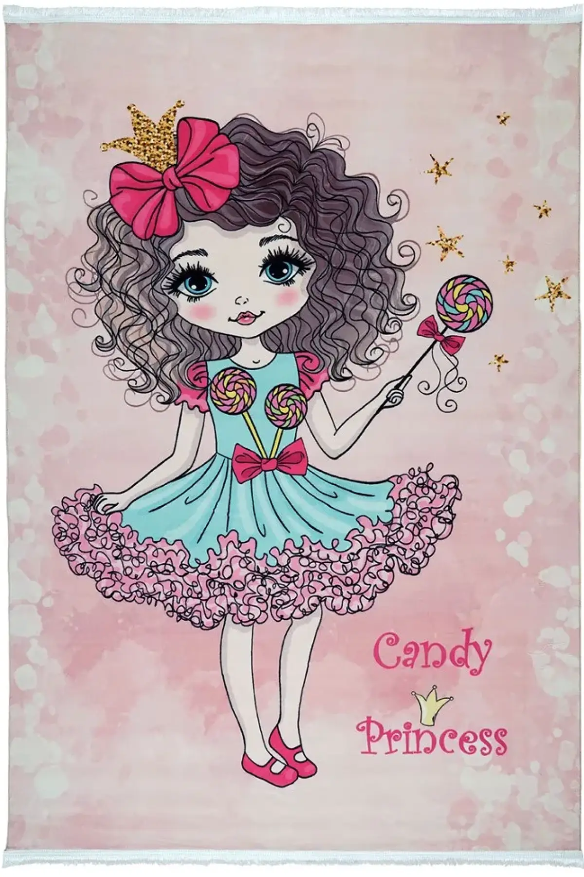 فرش محتشم اتاق کودک طرح دختر آبنباتی کد 101212 زمینه صورتی (غیربرجسته)