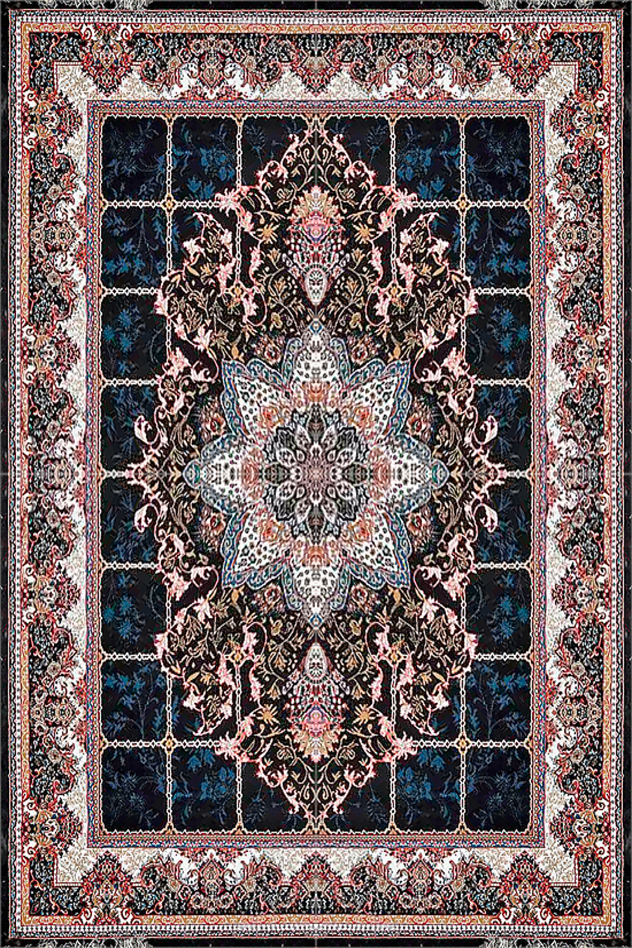 فرش ماشینی 440 شانه طرح هیوا زمینه سورمه ای (غیربرجسته)