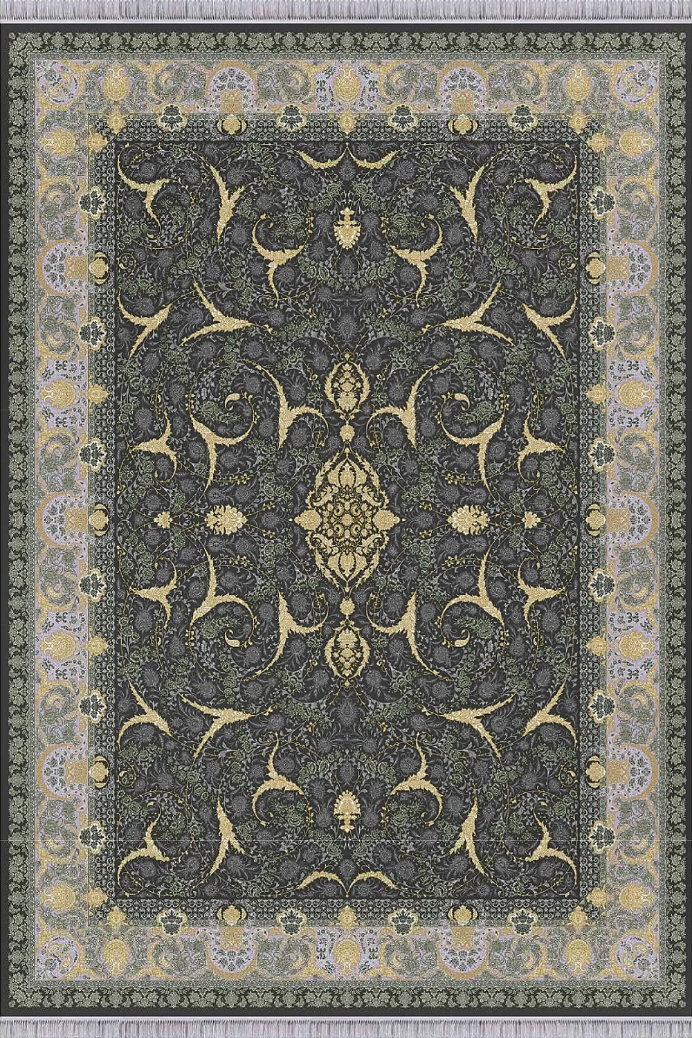 فرش مهدیان 1500 شانه کلکسیون حریر و طلاکوب طرح هستی زمینه سربی (برجسته)