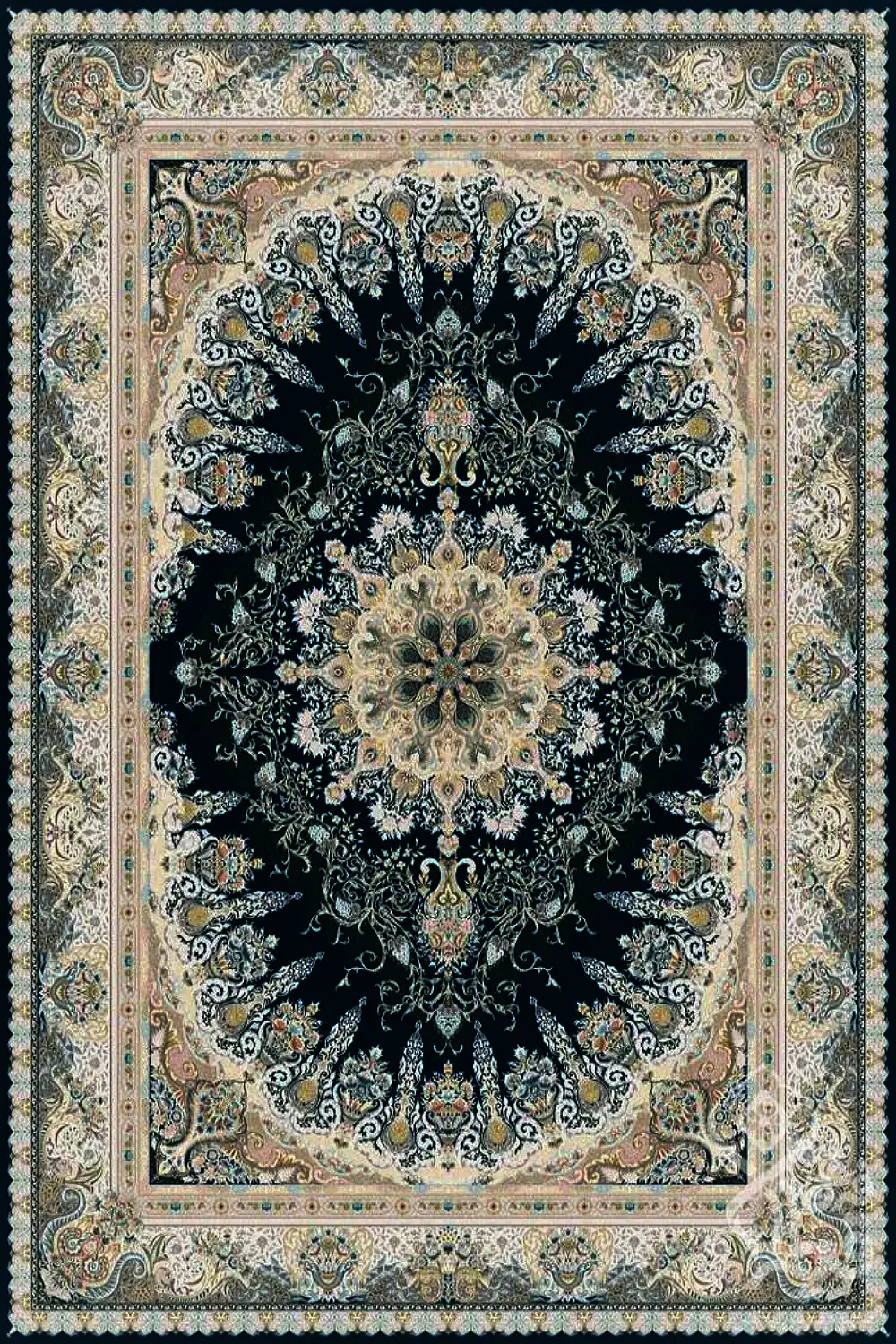 فرش قیطران 1500 شانه کلکسیون 1500 شانه طرح مخمل زمینه سورمه ای (برجسته)