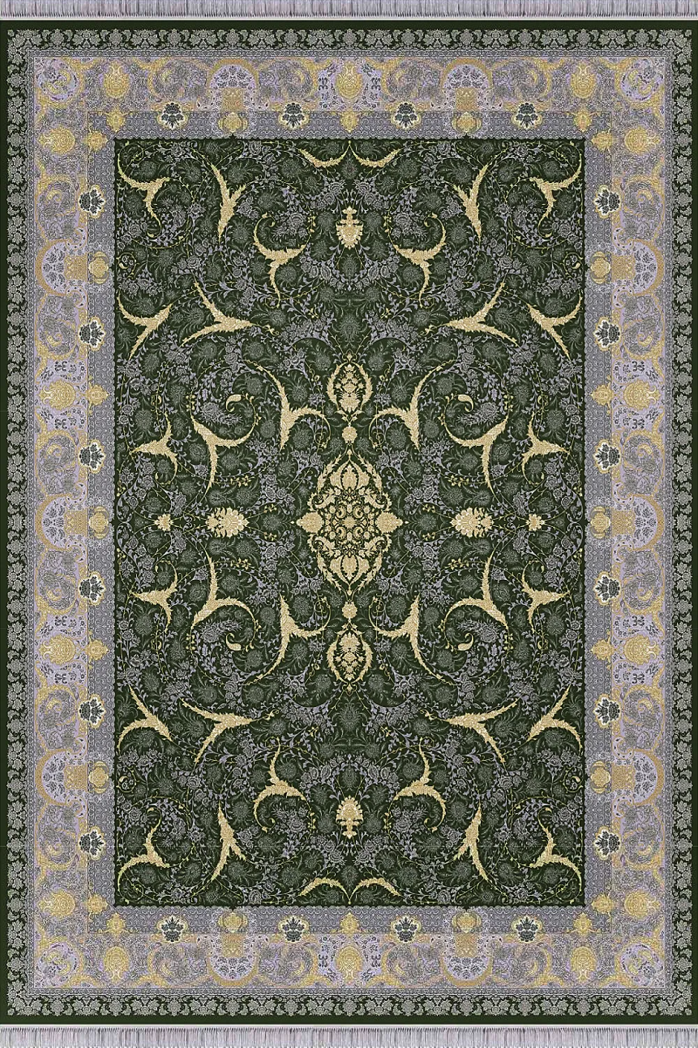 فرش مهدیان 1500 شانه کلکسیون حریر و طلاکوب طرح هستی زمینه سبز (برجسته)