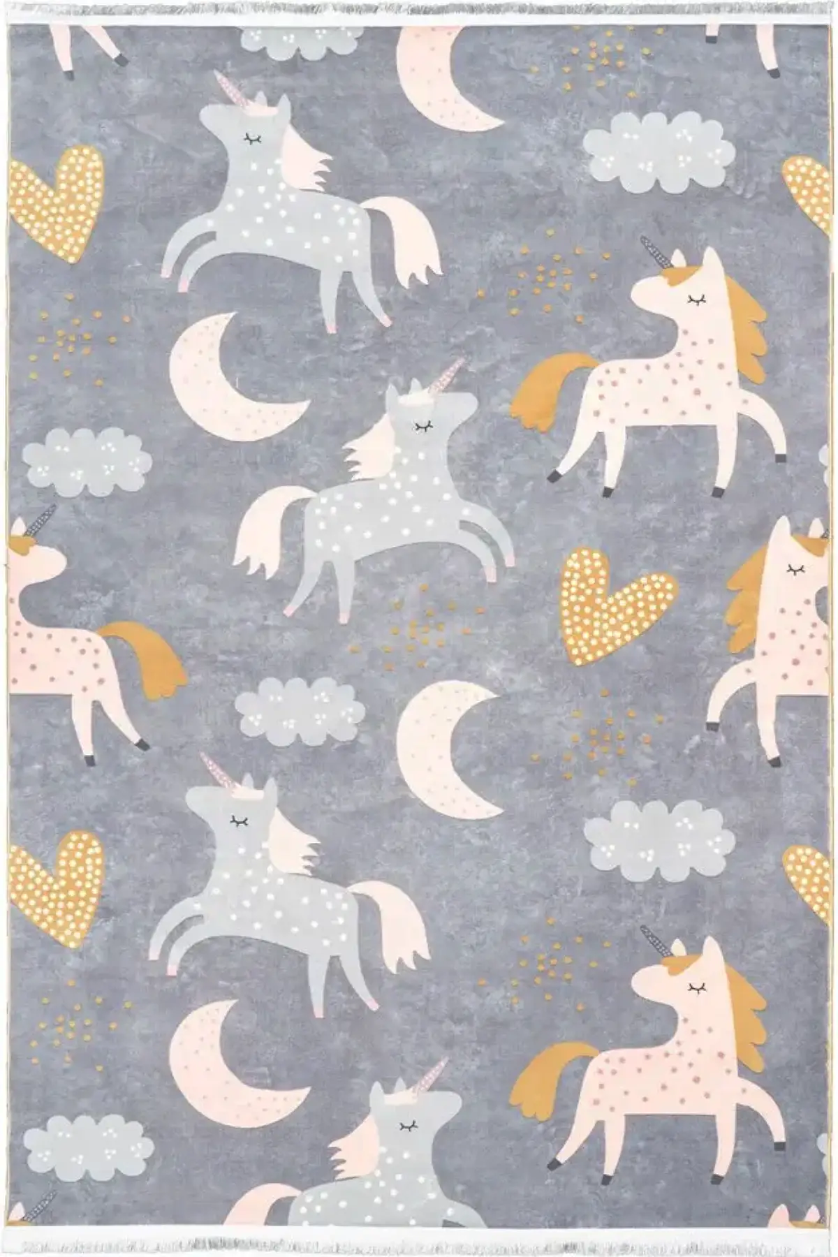 فرش محتشم اتاق کودک طرح اسب تک شاخ کد 101279 زمینه طوسی (غیربرجسته)