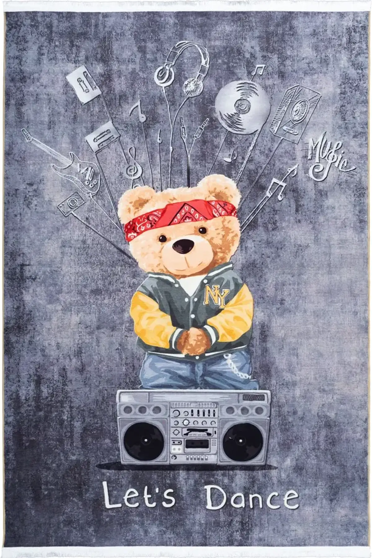 فرش محتشم اتاق کودک طرح خرسی شاد کد 25KM0110 زمینه طوسی (غیربرجسته)