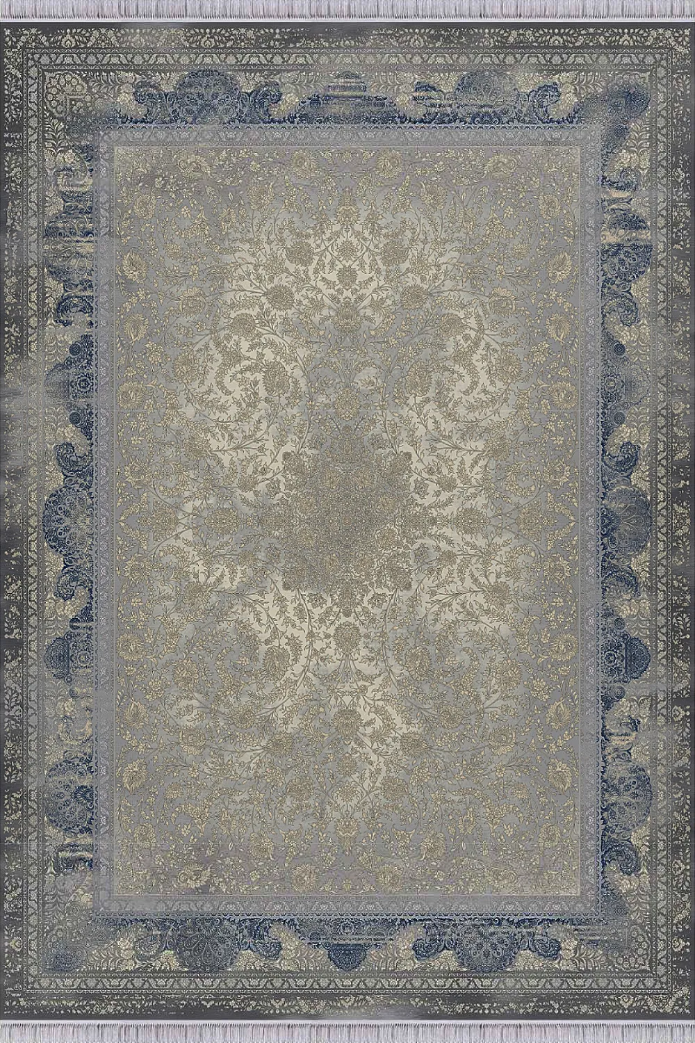 فرش مهدیان 1500 شانه کلکسیون حریر و طلاکوب طرح مهیار زمینه آبی (برجسته)