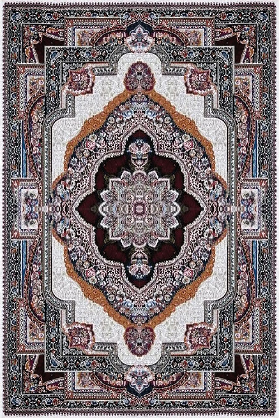 فرش کاشان 500 شانه طرح باغ معلق زمینه کرم (غیربرجسته)