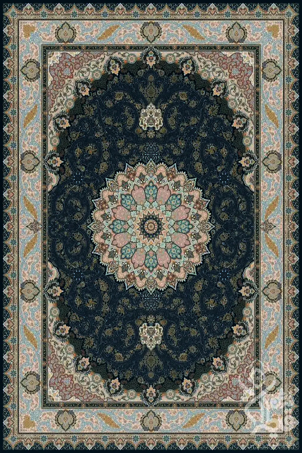 فرش قیطران 1500 شانه کلکسیون 1500 شانه طرح آزیتا زمینه سورمه ای (برجسته)