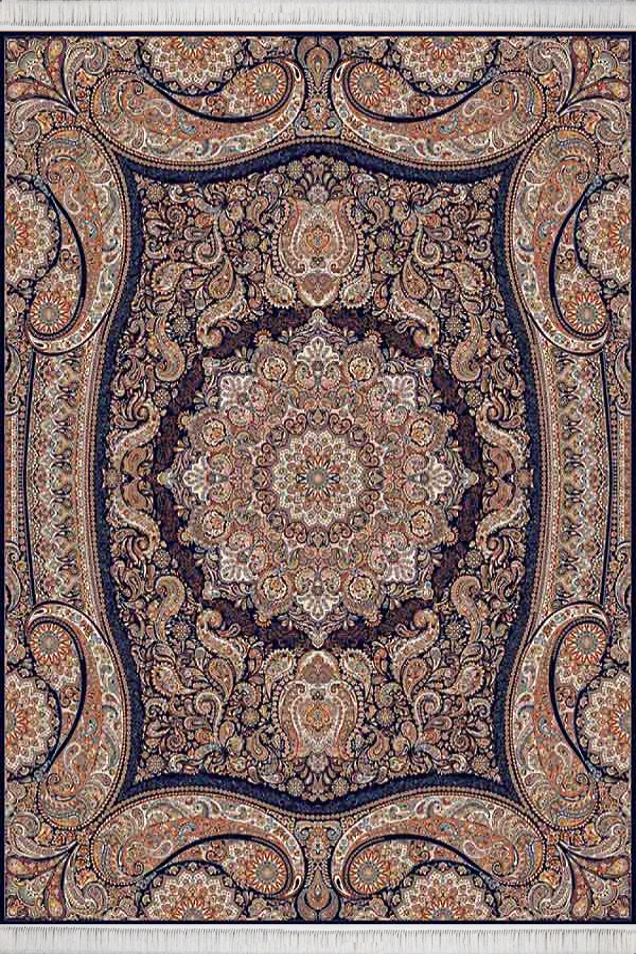 فرش کاشان 700 شانه طرح پارادایس زمینه سورمه ای (غیربرجسته)