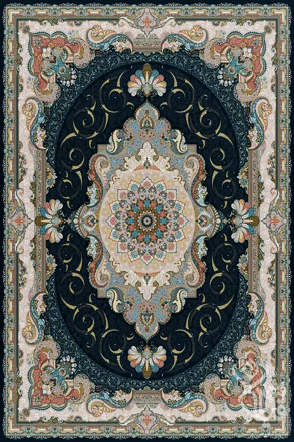 فرش قیطران 1500 شانه کلکسیون 1500 شانه طرح زرین زمینه سورمه ای (برجسته)