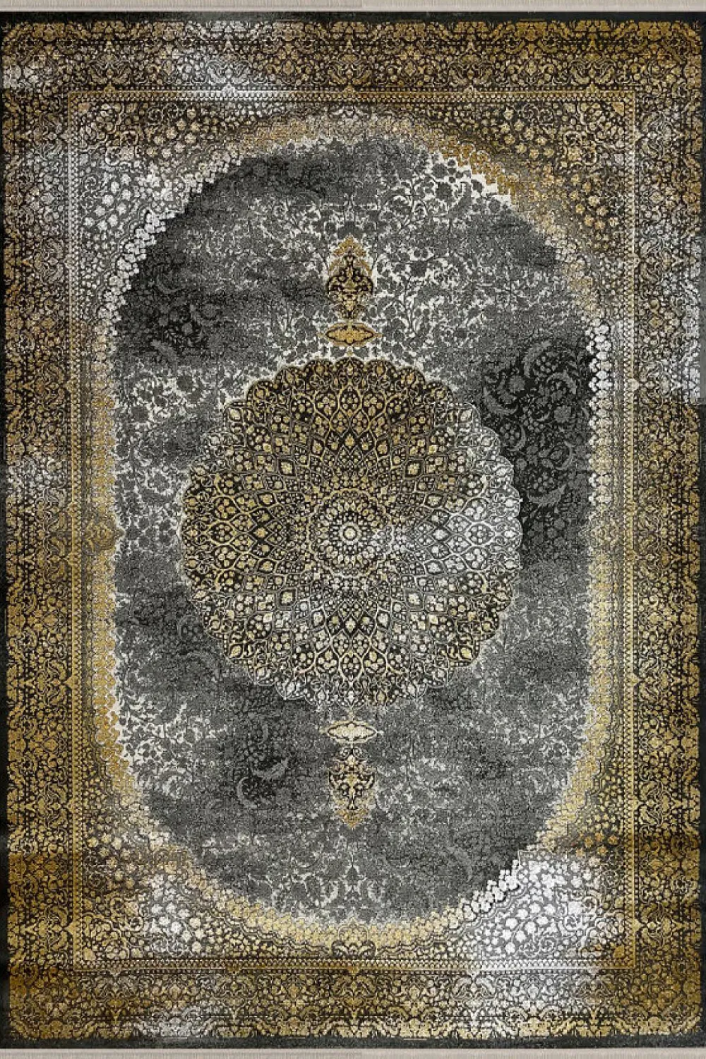 فرش مهدیان 700 شانه کلکسیون دینارسو کد 70040 زمینه ذغالی-طلایی (برجسته)