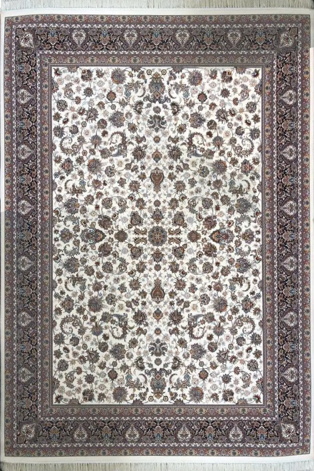 فرش کاشان 700 شانه طرح افشان درباری زمینه کرم (غیربرجسته)