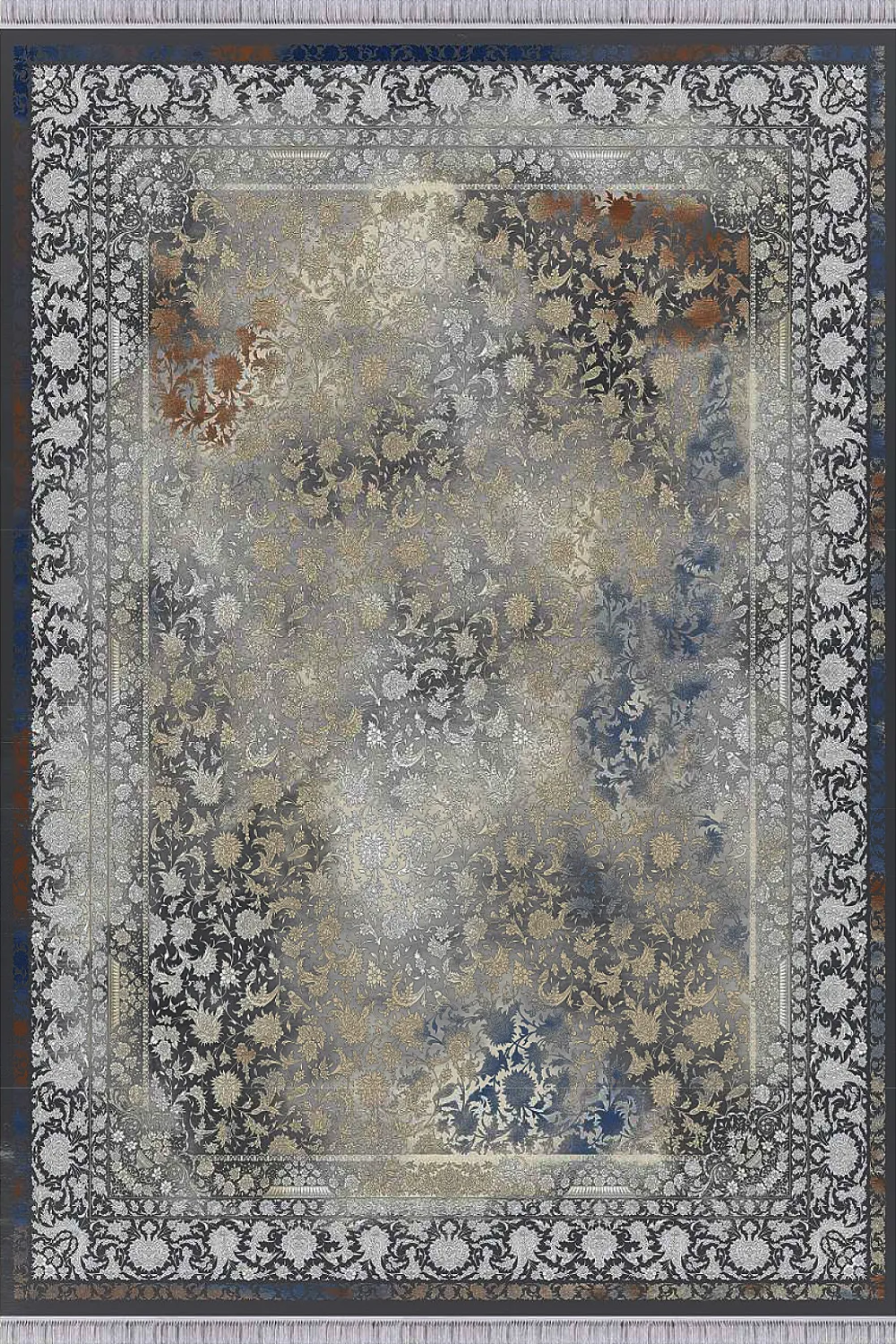 فرش مهدیان 1500 شانه کلکسیون حریر و طلاکوب طرح دلوین زمینه خاکستری (برجسته)